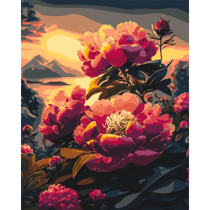 Картина по номерам Пионы на фоне гор. Цветы © 40*50 см Оригами LW2004