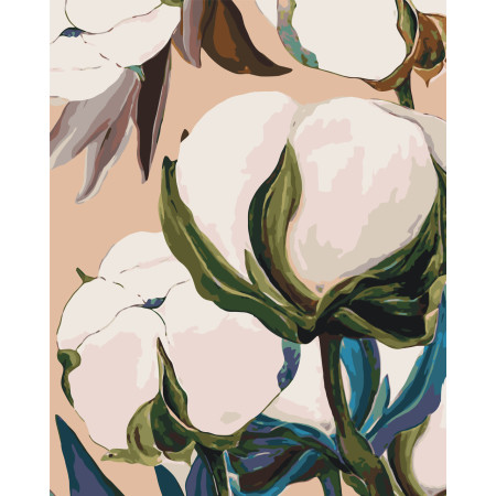 Картина по номерам Цветы. Хлопок с зелеными листьями ℗ 40*50 см Оригами LW 30230