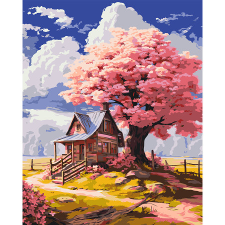 Картина по номерам Пейзаж. Розовое дерево в лесу © 40*50 см Оригами LW 3296