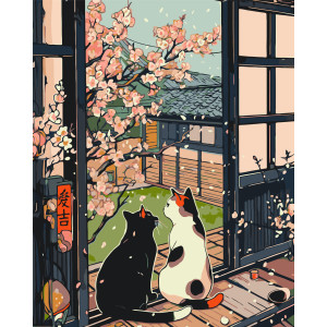 Картина по номерам Животные. Котики у сакуры ℗ 40*50 см Оригами LW 3404