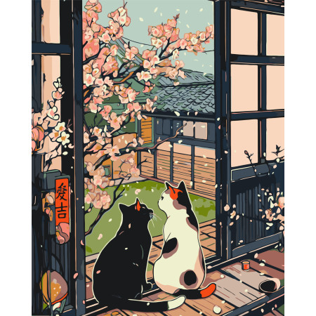 Картина по номерам Животные. Котики у сакуры ℗ 40*50 см Оригами LW 3404