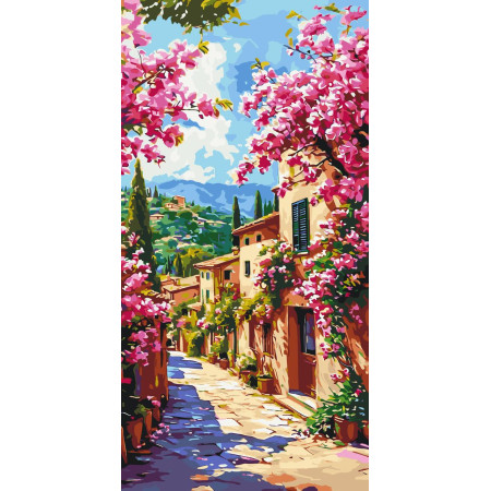 Картина по номерам Пейзаж. Цветущая улочка Тосканы © 40*80 см Оригами LW 5135