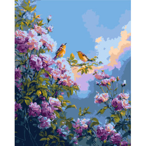 Картина по номерам Пейзаж. Птицы среди цветущих пионов © 40*50 см Оригами LW 2003-01