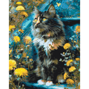 Картина по номерам Котик в одуванчиках. Животные, цветы © 40*50 см Оригами LW 3009-01