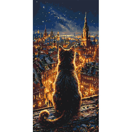 Картина по номерам Пейзаж. Кот над огнями столицы. животные © 40*80 см Оригами LW 5199