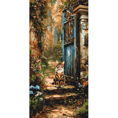 Картина по номерам Пейзаж. Кот у старых ворот. животные © 40*80 см Оригами LW 5210