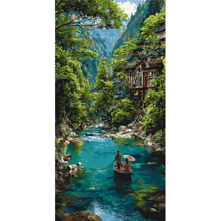 Картина по номерам Пейзаж. Лодка в изумрудном каньоне © 40*80 см Оригами LW 5212
